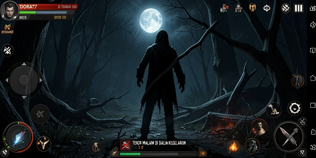 Tampilan gameplay menyeramkan dari DORA77 yang penuh misteri.