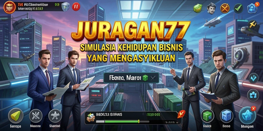 Tangkapan layar utama JURAGAN77 menampilkan pengalaman simulasi bisnis yang seru.