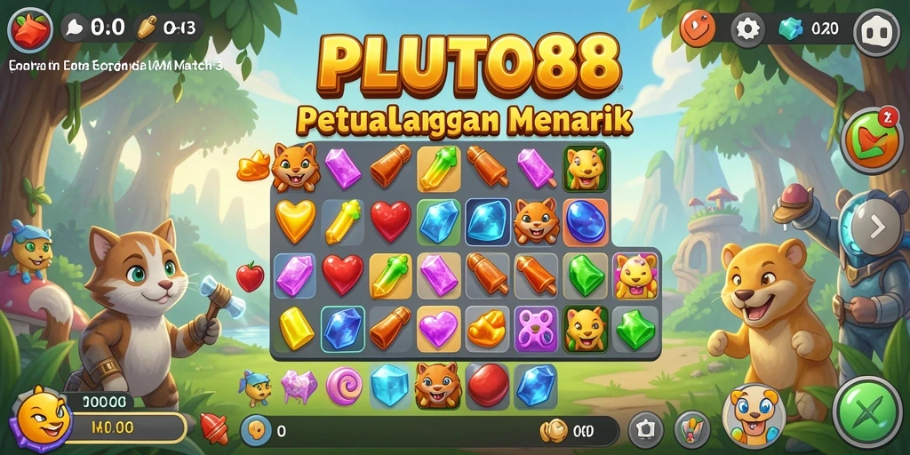 Screenshot utama PLUTO88 memperlihatkan gameplay dinamis Match-3 yang seru.