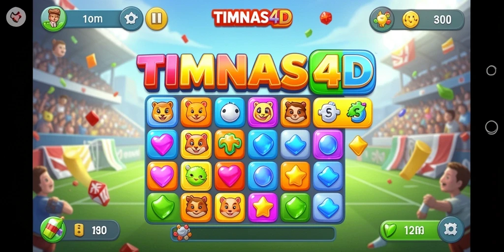 Tangkapan layar gameplay TIMNAS4D menampilkan pertempuran Match-3 yang seru.